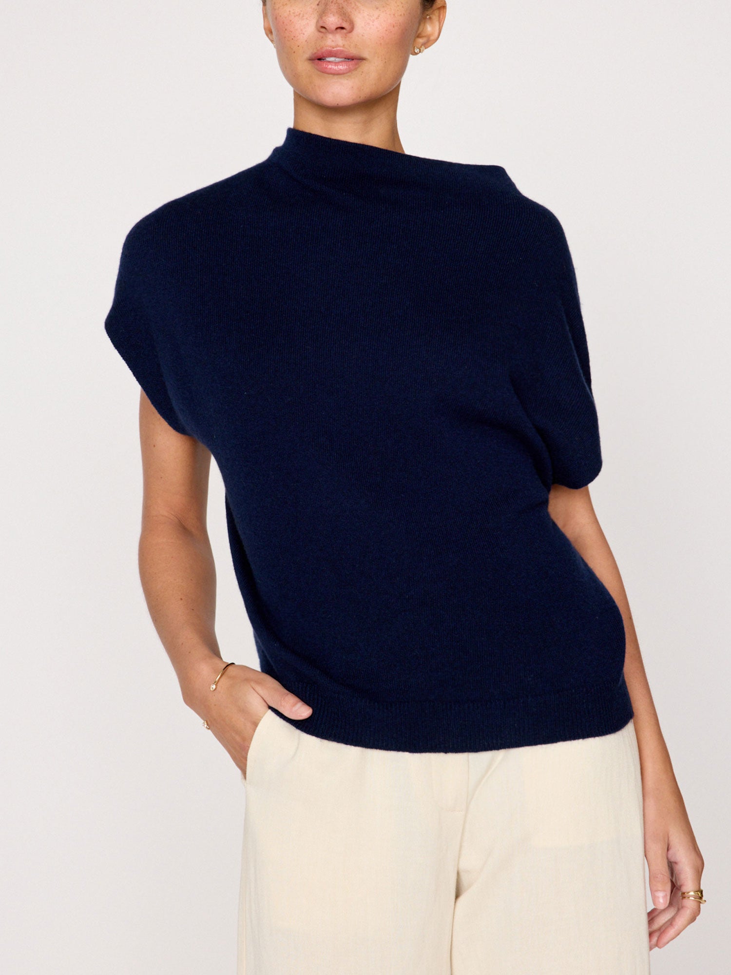 Brochu Walker Morten Cashmere Mock Neck Top Navy