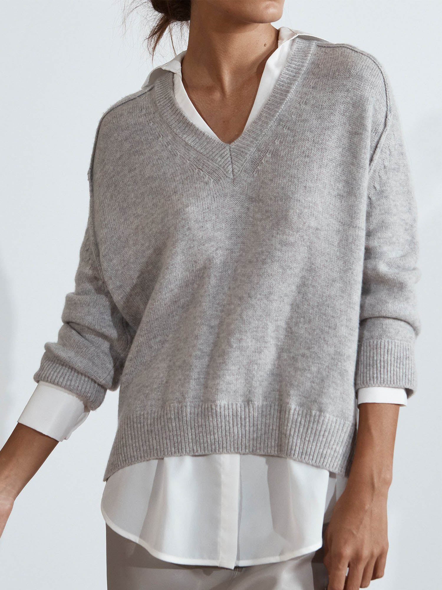 Brochu Walker | Women's V-neck Layered Pullover Sweater in Vail Grey with  White