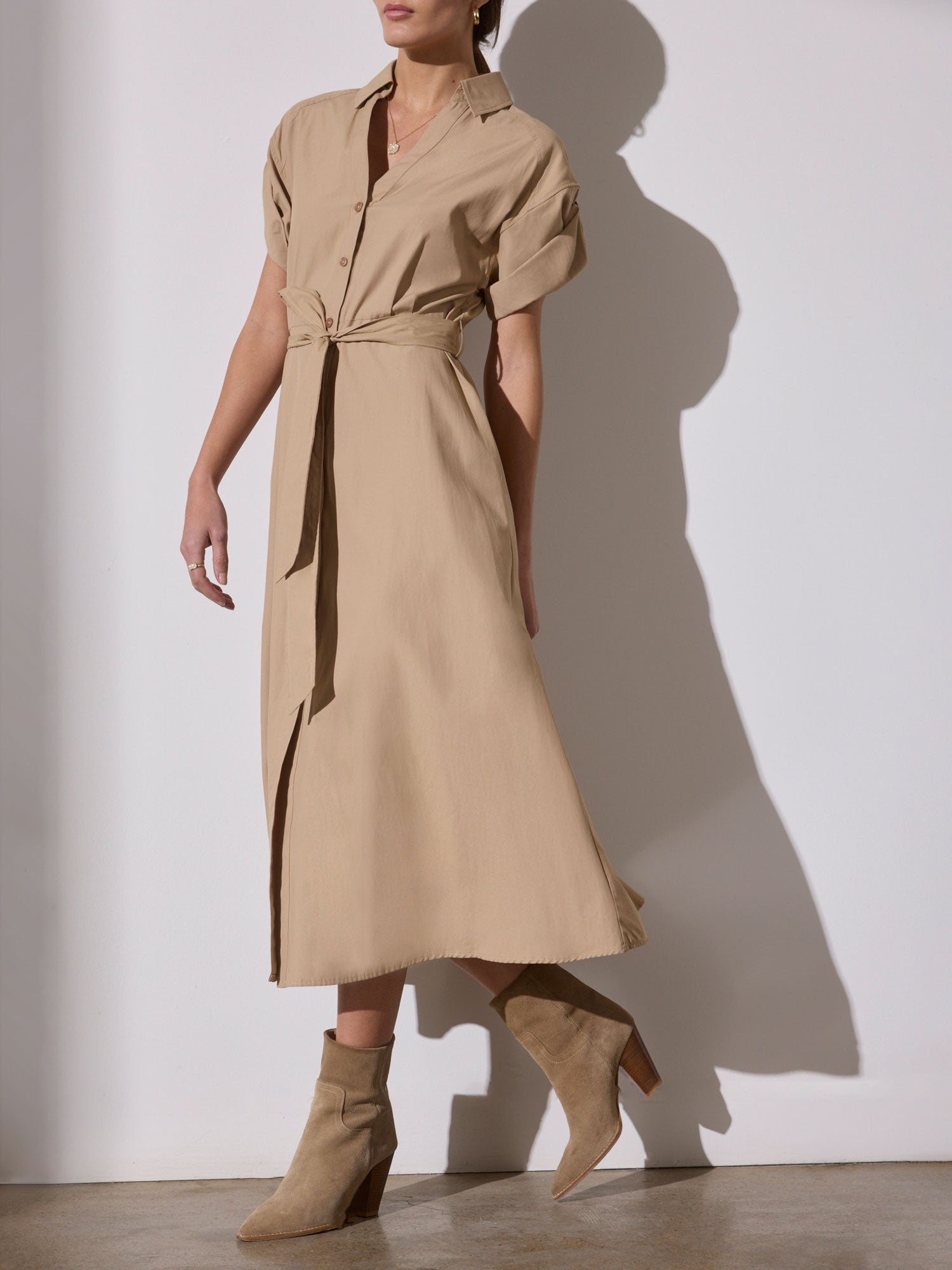 Belted Shirt Dress In Beige - Just $7
