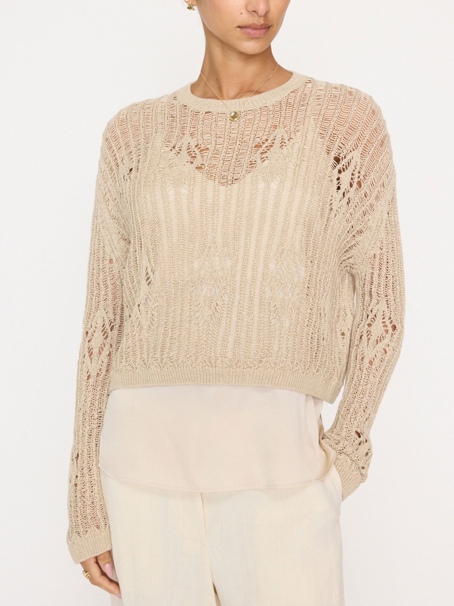 Alani eyelet linen tan cropped top front view 3