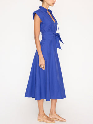 Newport ruffle belted blue midi dress side view