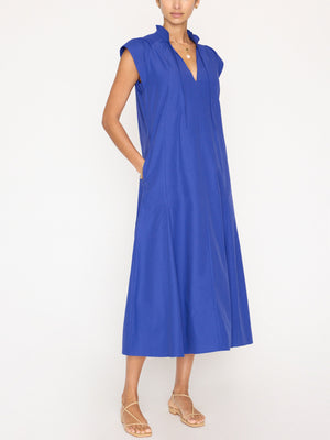 Newport ruffle belted blue midi dress front view 5