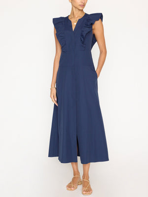 Aurora ruffle navy midi dress front view 2