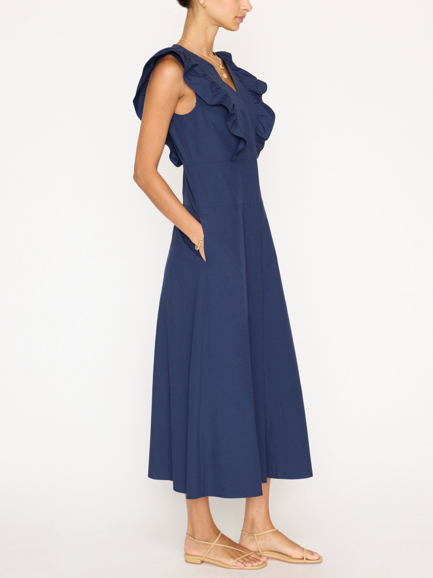 Aurora ruffle navy midi dress side view