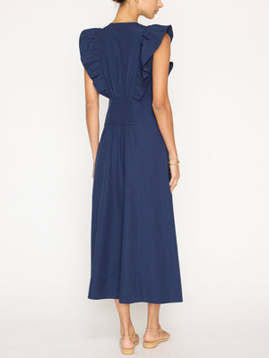 Aurora ruffle navy midi dress back view