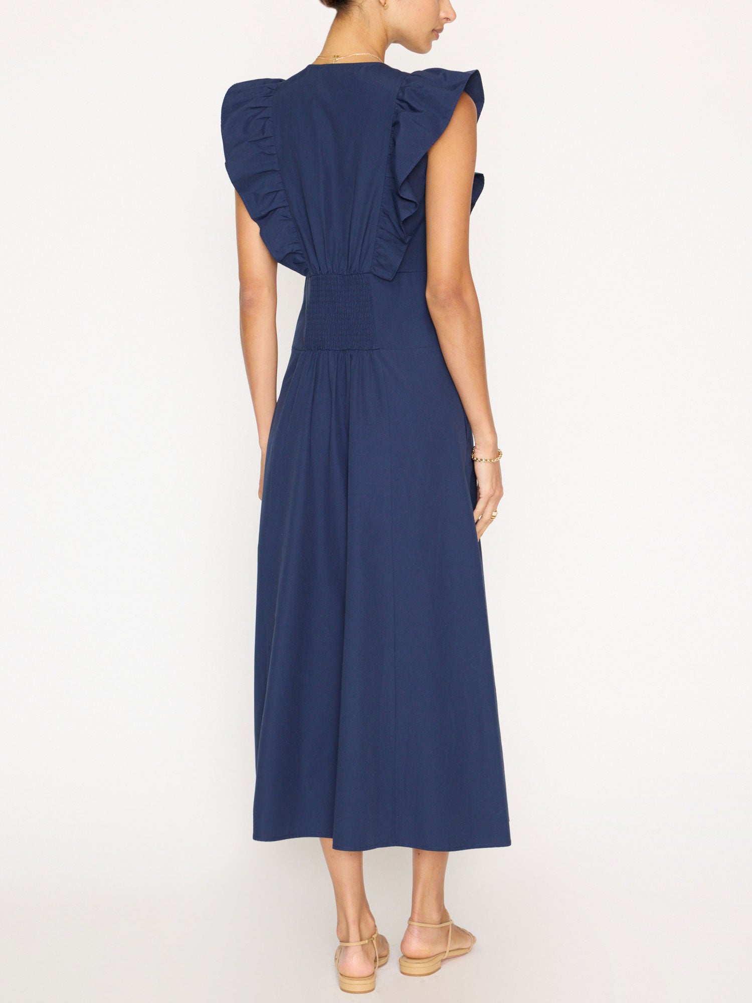 Aurora ruffle navy midi dress back view