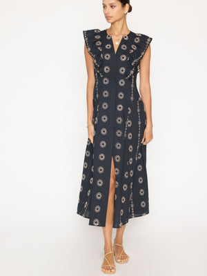 Aurora eyelet ruffle black midi dress front view 2