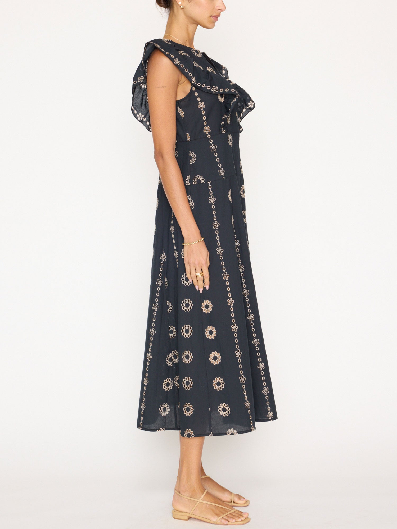 Aurora eyelet ruffle black midi dress side view