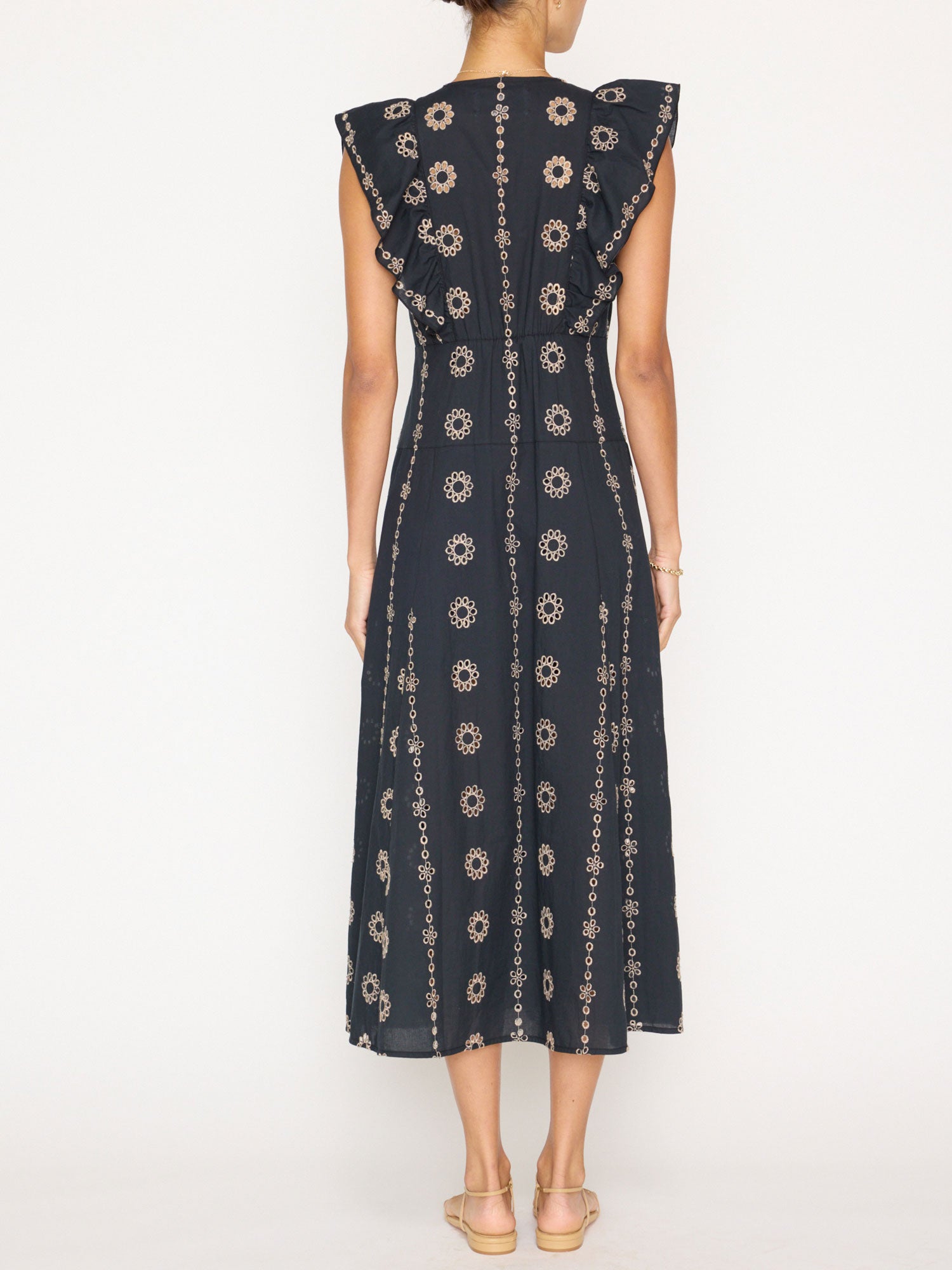 Aurora eyelet ruffle black midi dress back view