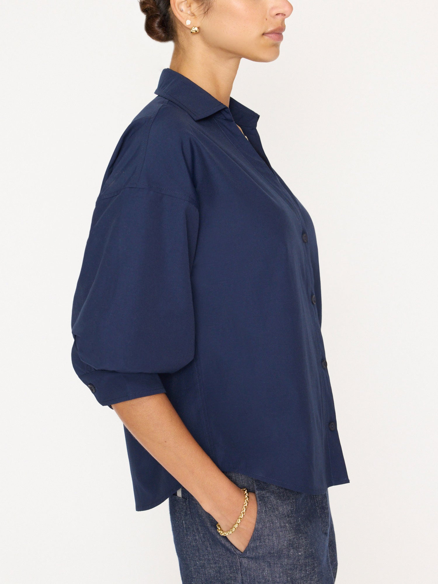 Kate V-neck button up navy shirt side view