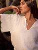 Shore linen embroidered sleeve white top front view