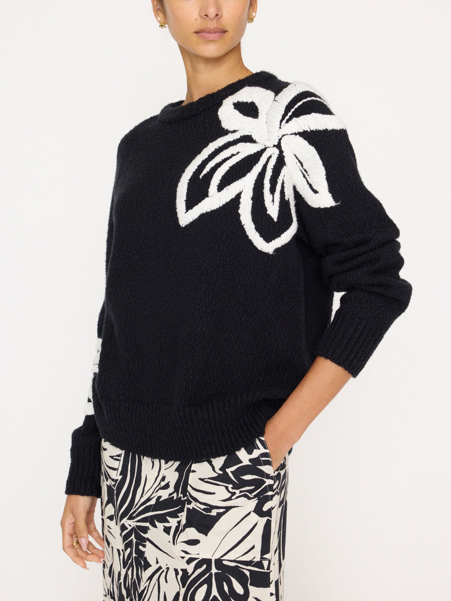 Hibiscus black embroidered crewneck sweater full view 3