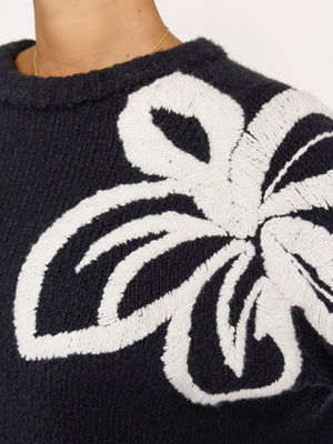 Hibiscus black embroidered crewneck sweater detail closeup view