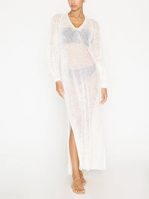 Lanai open stitch V-neck white maxi coverup front view