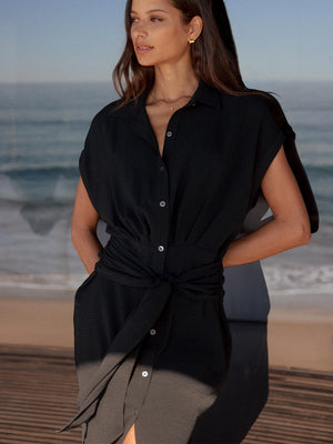 Setia black wrap belt shirtdress front view