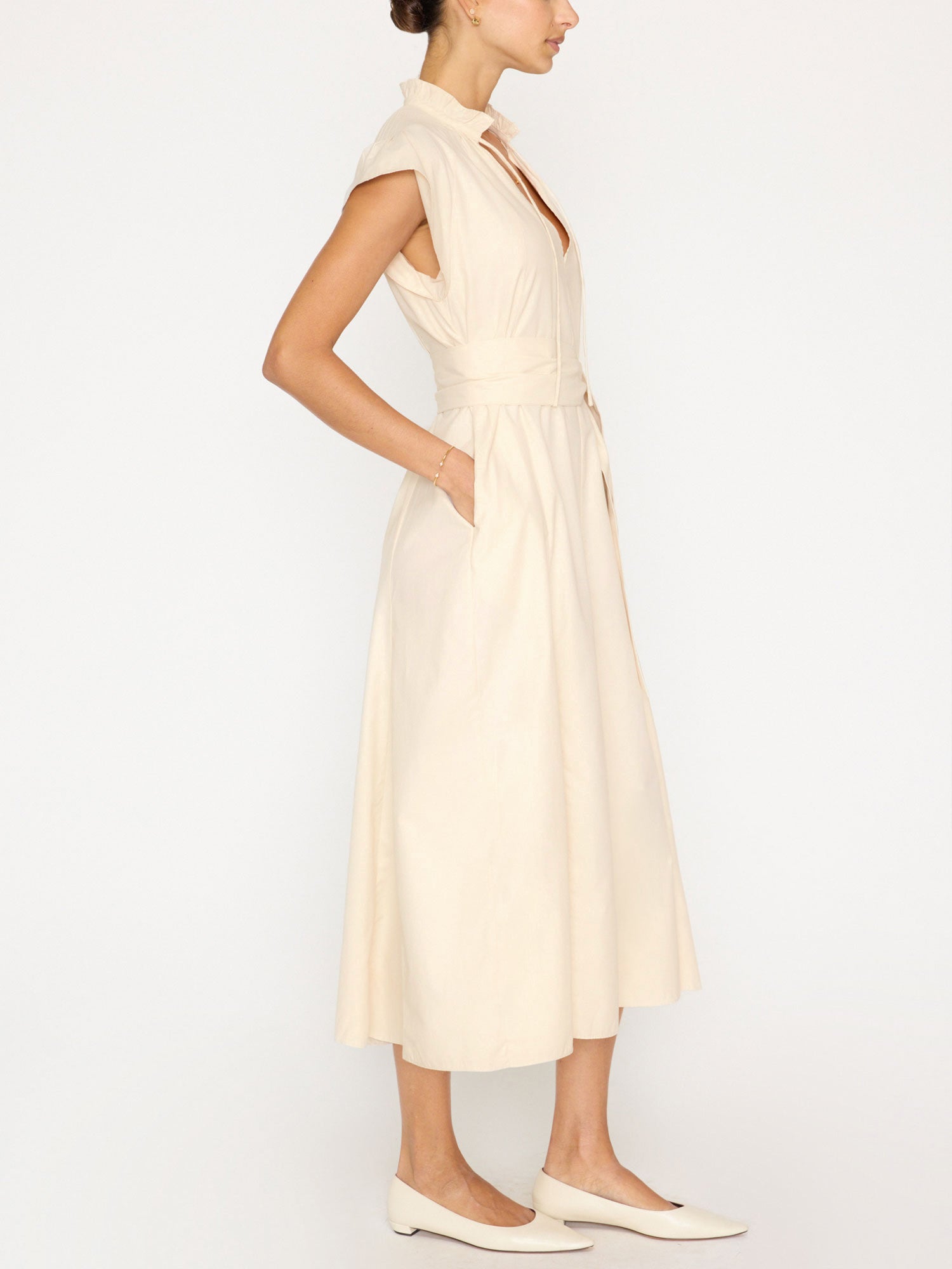 Newport ruffle belted midi dress beige side view