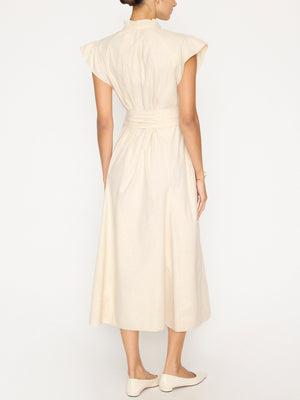 Newport ruffle belted midi dress beige back view