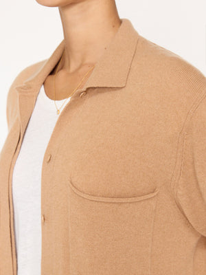 Andre cashmere buttondown camel shacket close up