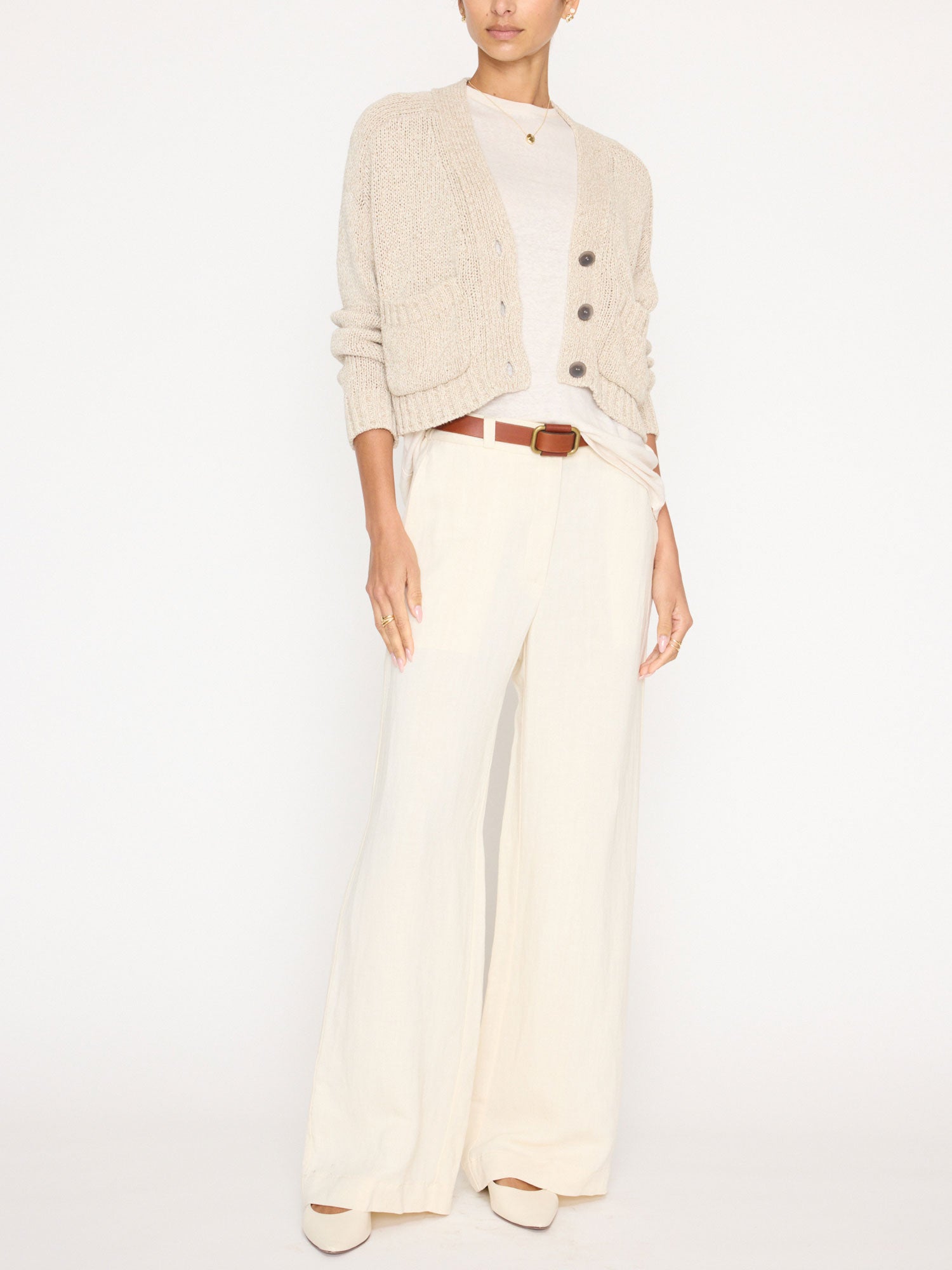 Cropped beige linen cotton cardigan sweater full length