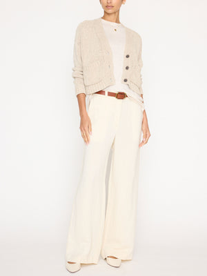 Cropped beige linen cotton cardigan sweater full length