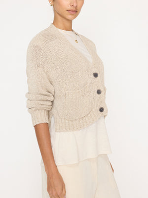 Cropped beige linen cotton cardigan sweater side view