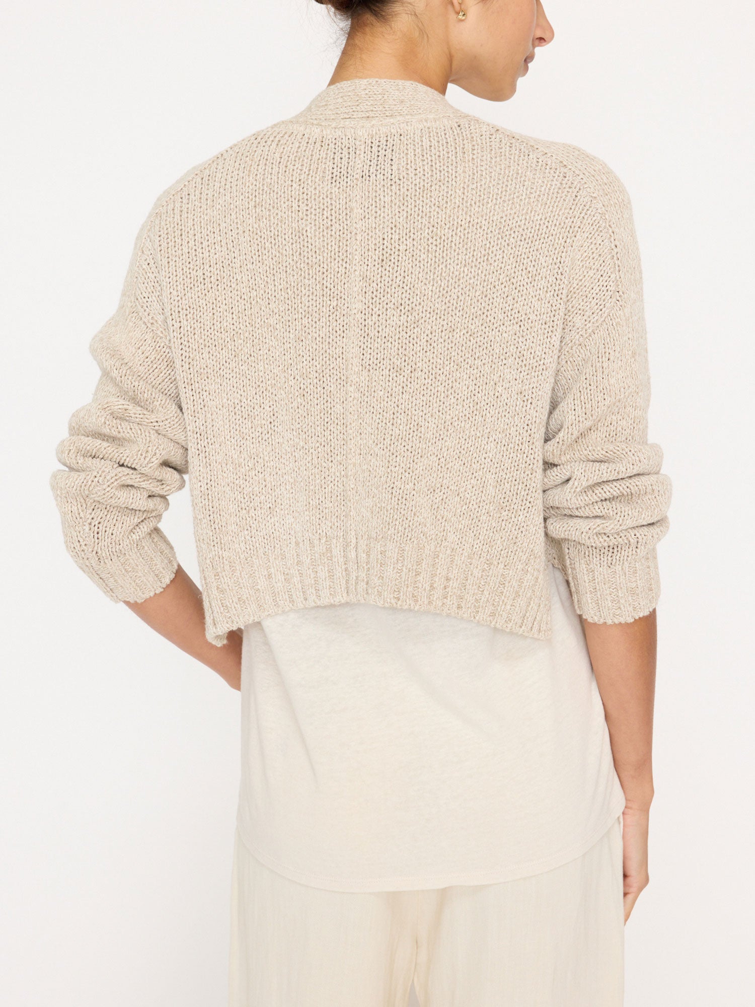 Cropped beige linen cotton cardigan sweater back view