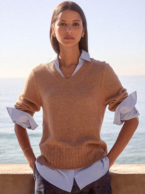 Arden tan with blue oxford layered v-neck sweater front view 3