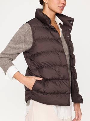 Anders nylon down dark brown puffer vest side view