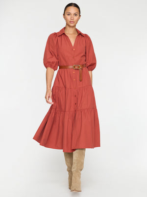 Antigua tiered midi dress burnet red full view