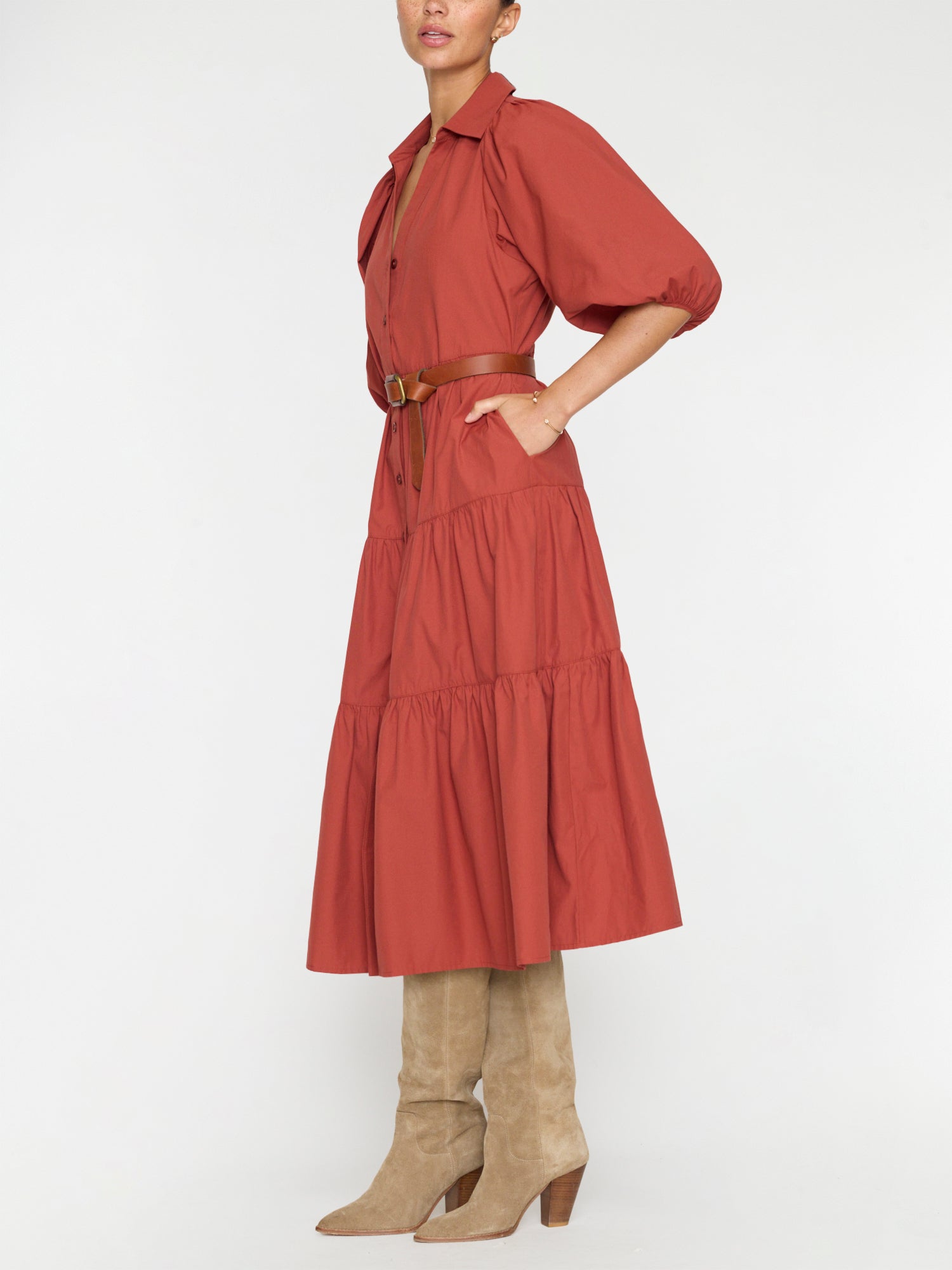 Antigua tiered midi dress burnet red side view