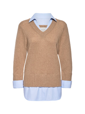 Arden tan with blue oxford layered v-neck sweater flat view