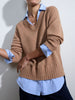 Arden tan with blue oxford layered v-neck sweater front view