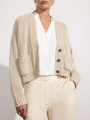 Cropped beige linen cotton cardigan sweater front view