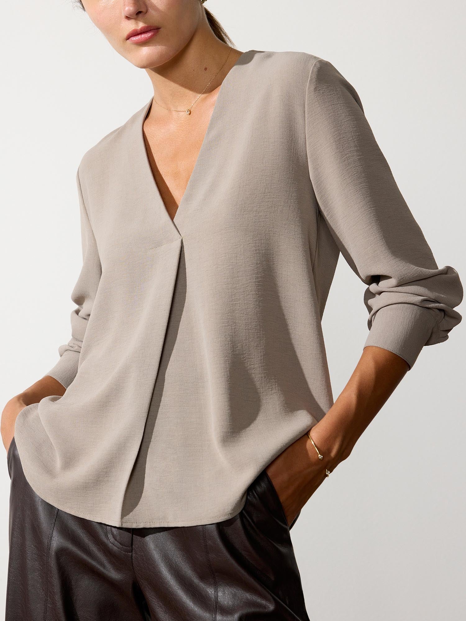 Elena V-neck tan blouse front view