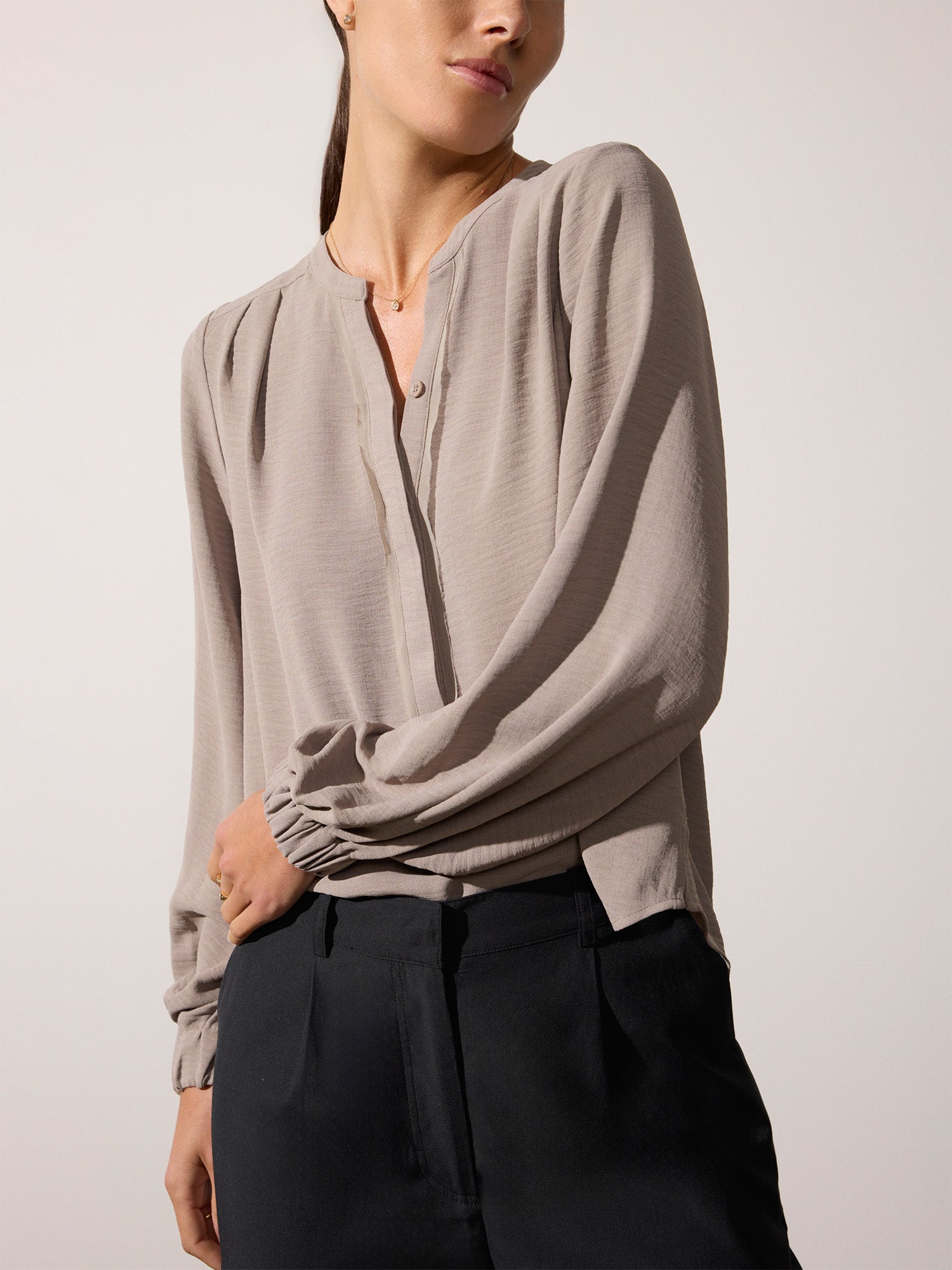 Phoebe popover tan long sleeve blouse front view