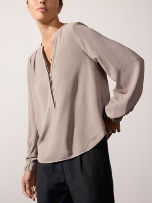 Phoebe popover tan long sleeve blouse front view 2