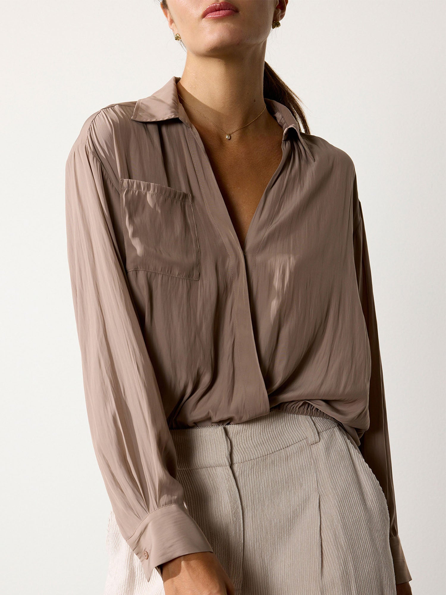 Enzo wrap front taupe blouse front view