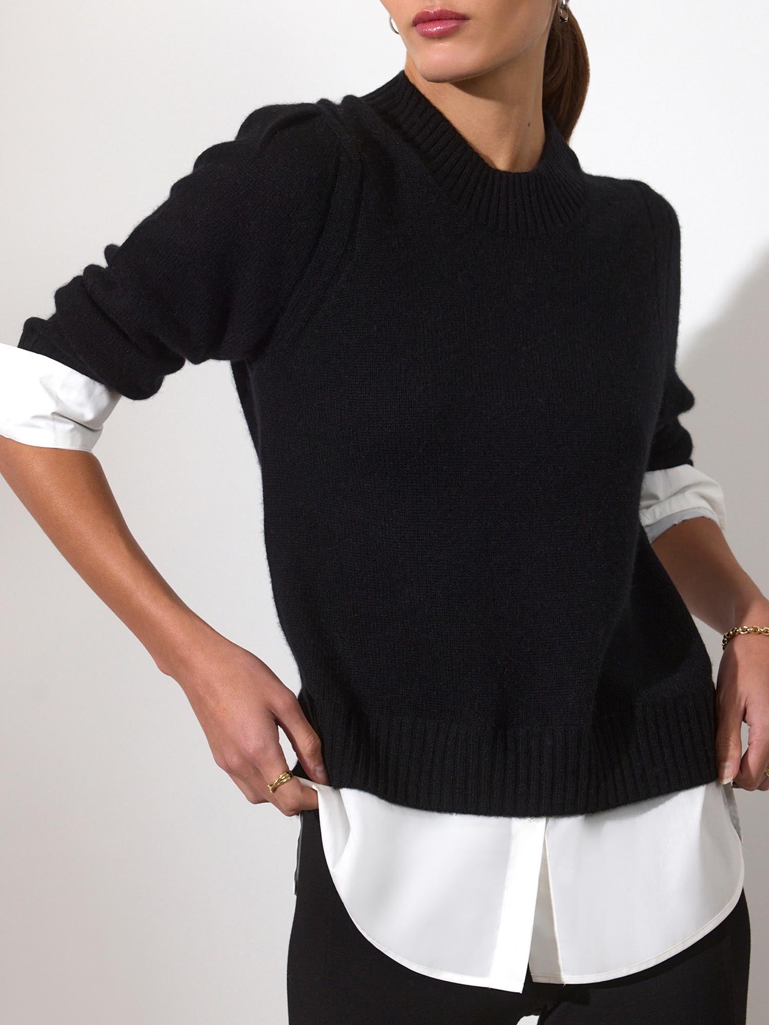 Eton black layered crewneck sweater front view