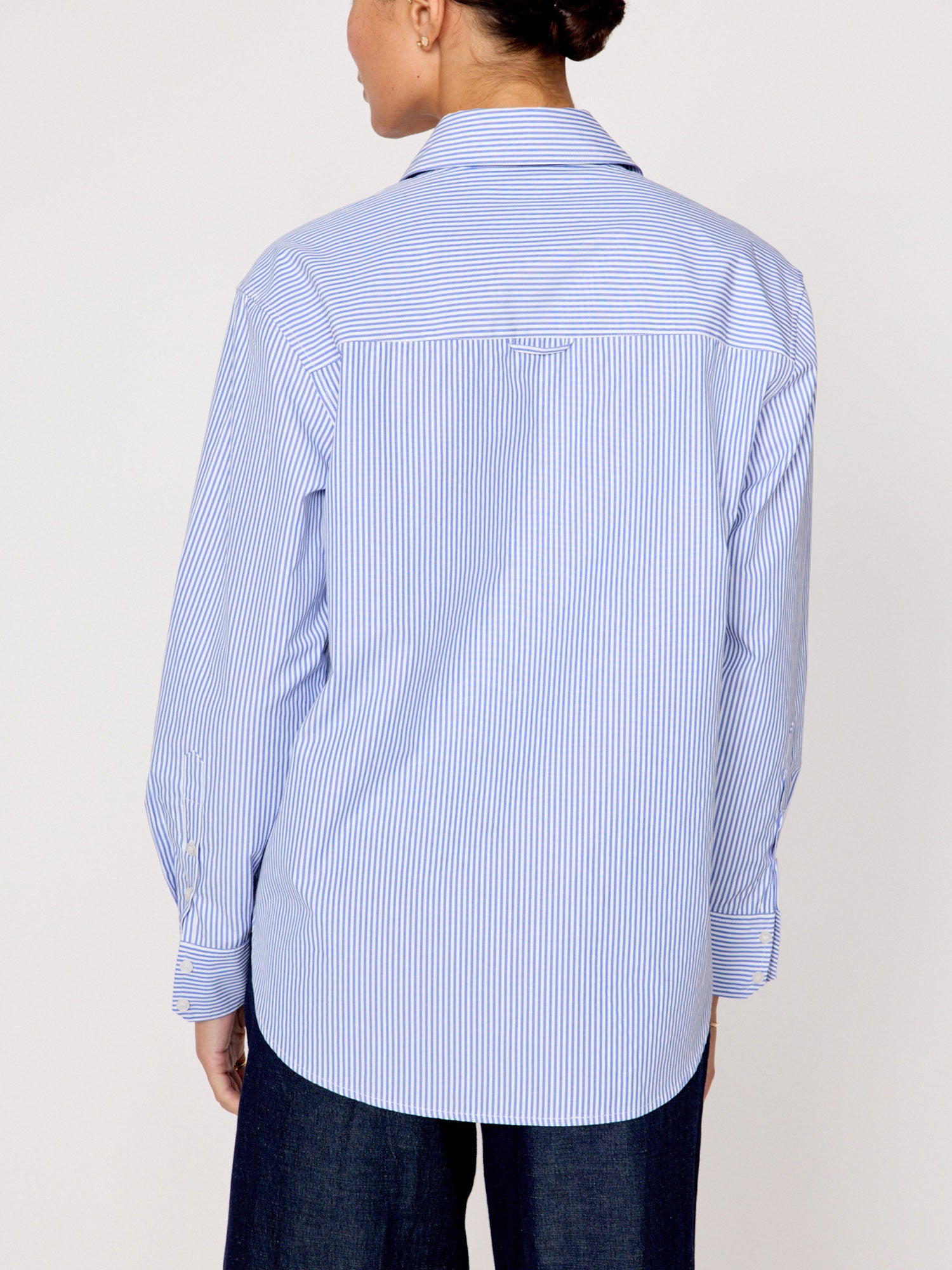 Everyday button up blue stripe shirt back view