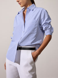 Everyday button up blue stripe shirt front view