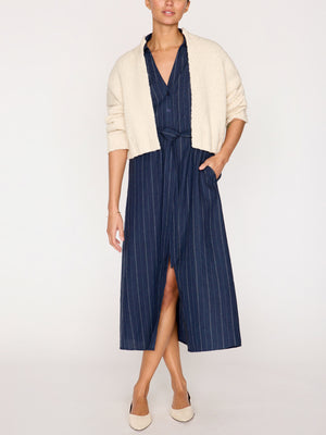 Fia belted navy pinstripe midi dress with cardigan full view