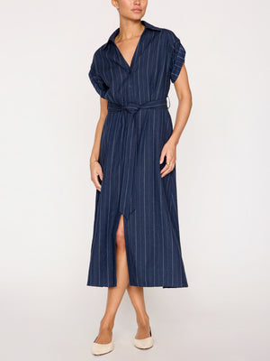 Fia belted navy pinstripe midi dress front view