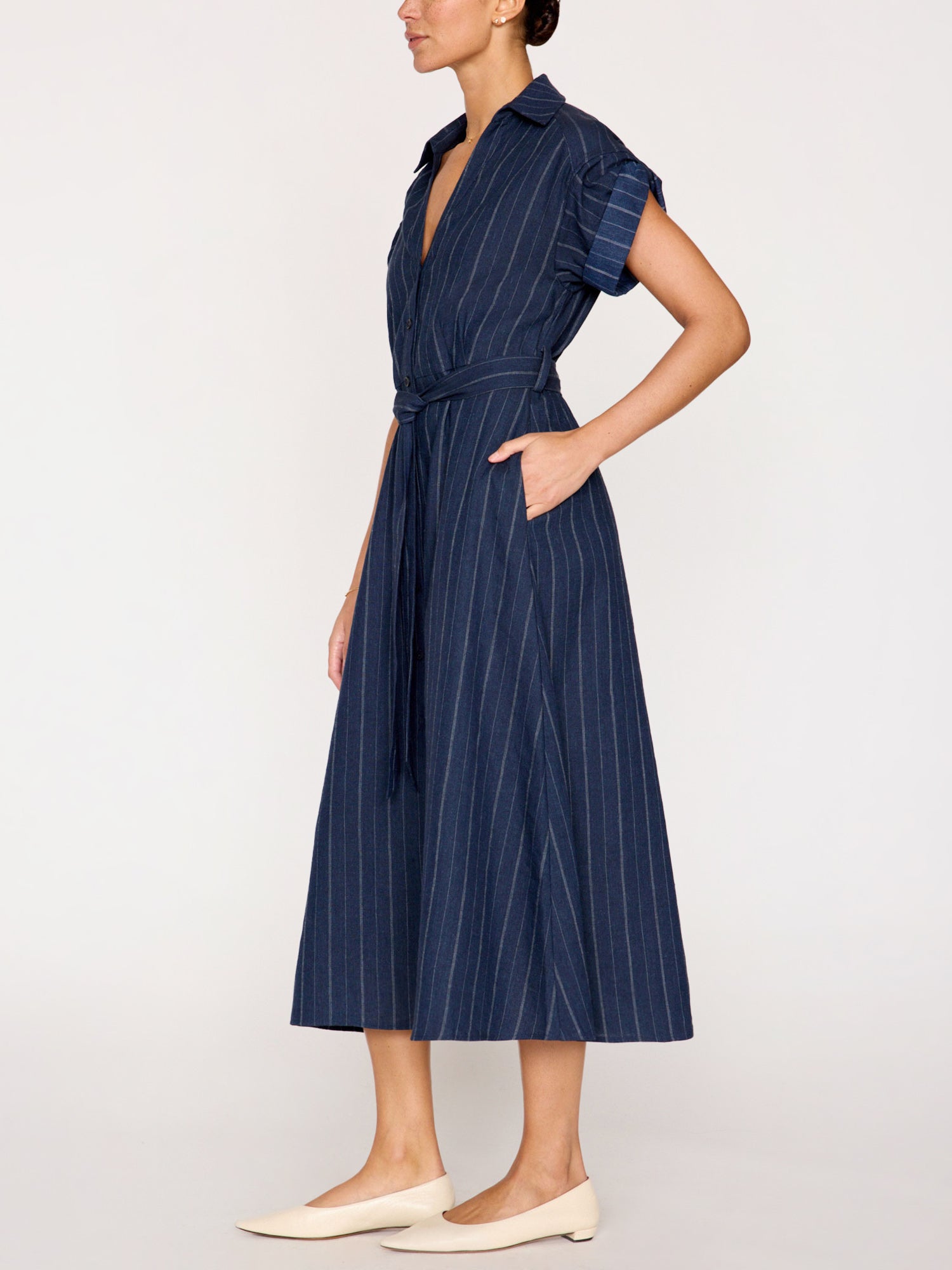 Women's Fia Belted Stripe Dress in Navy Pinstripe | Brochu Walker