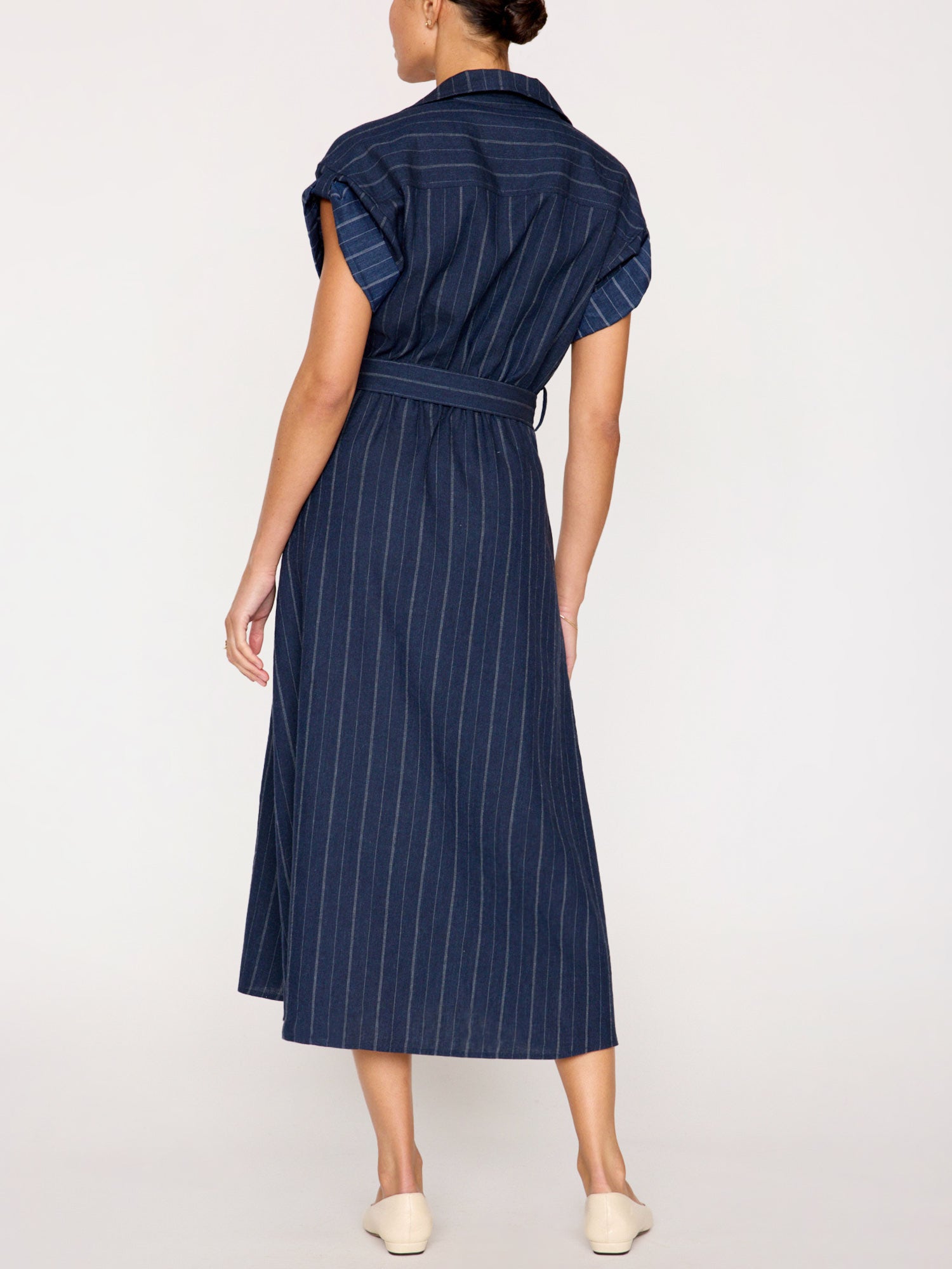 Fia belted navy pinstripe midi dress back view