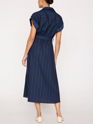 Fia belted navy pinstripe midi dress back view