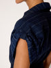 Fia belted navy pinstripe midi dress sleeve detail closeup view