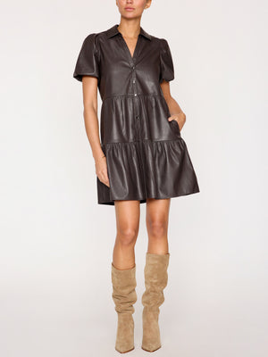 Havana tiered mini dress brown vegan leather full view