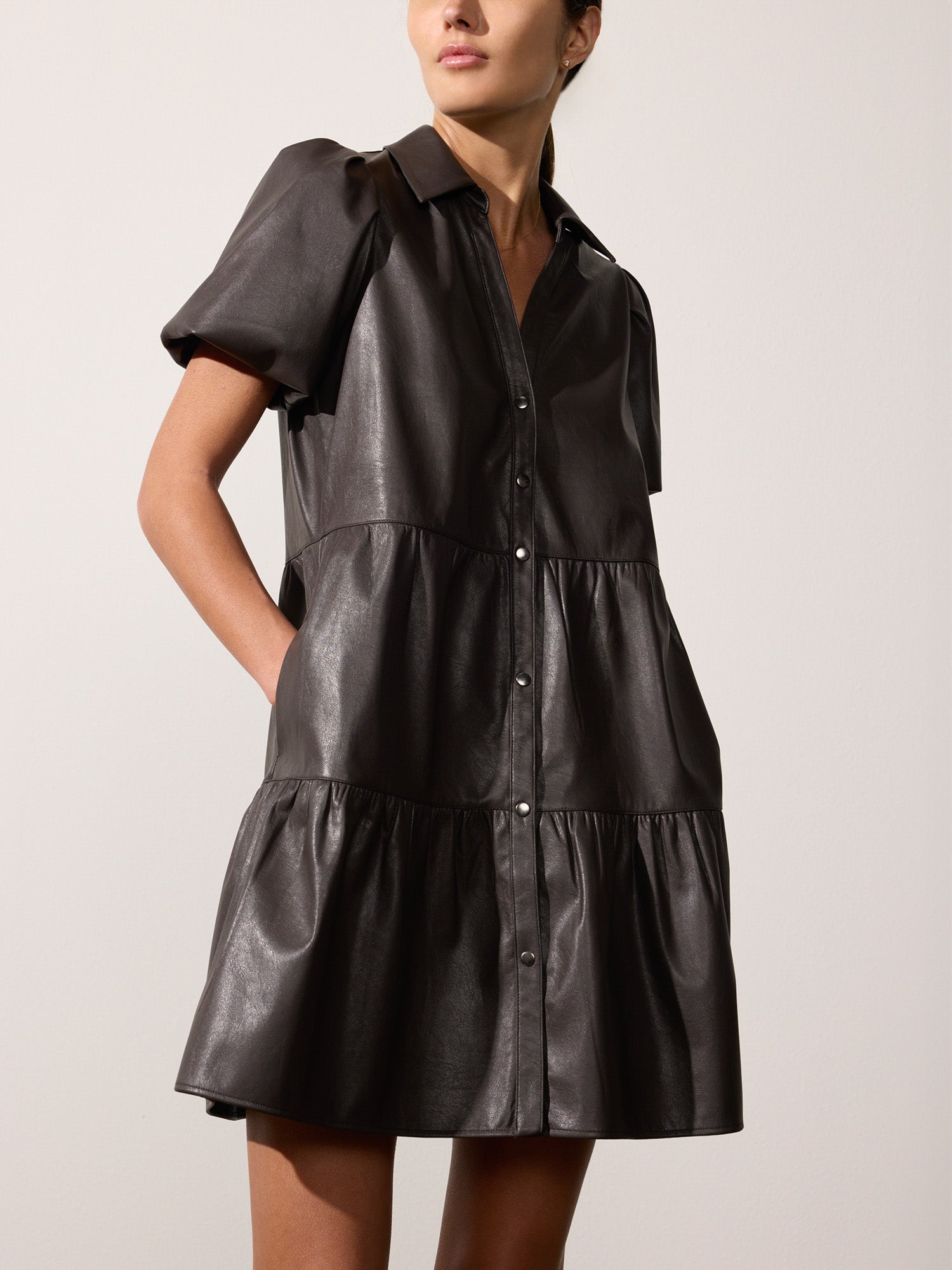 Havana tiered mini dress brown vegan leather front view