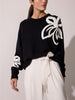 Hibiscus black embroidered crewneck sweater front view