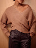 Hughes tan crossover wrap front sweater front view